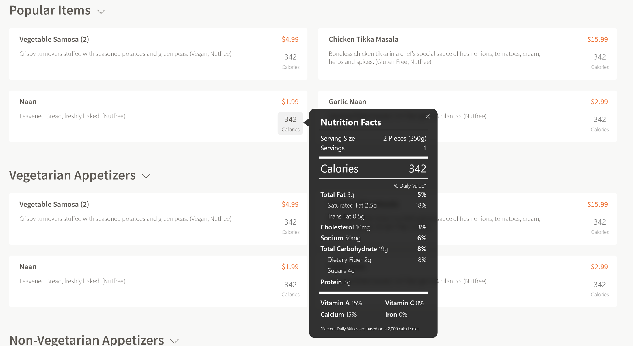 Nutrition facts for menu items